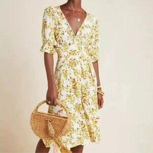 Faithfull The‎ Brand Rafa Floral-Print Button-Front Puff-Sleeve Midi Dress Sz 2